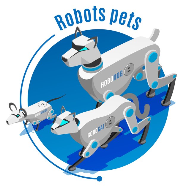 Composición redonda isométrica de mascotas robóticas con dispositivo de juguete electrónico automatizado para gatos, perros y gatos.