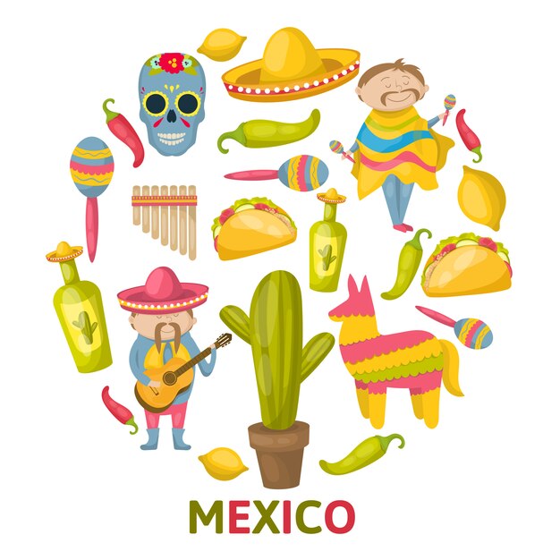 Composición redonda mexicana con conjunto de iconos de colores aislados combinados en la ilustración de vector de círculo grande