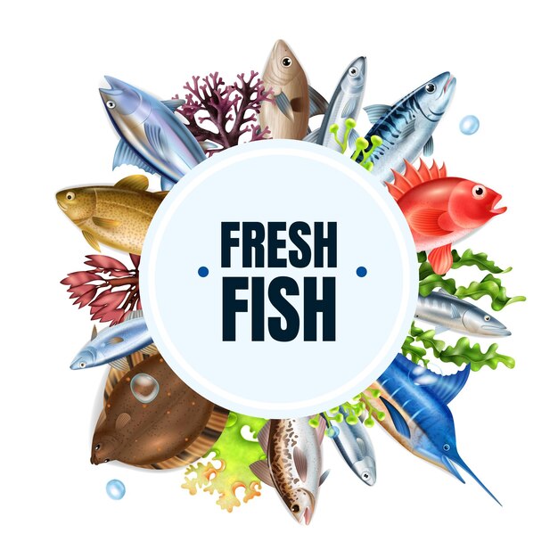 Composición redonda realista de peces de mar con diferentes tipos de símbolos ilustración