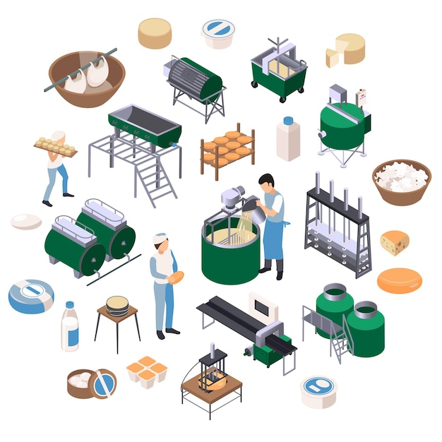 Composición redonda de recoloración isométrica de producción láctea con íconos aislados de instalaciones industriales y productos lácteos listos para la ilustración vectorial