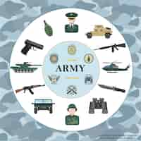 Vector gratuito composición redonda redonda del ejército con oficial soldado carro blindado tanque helicóptero arma binoculares granada insignias militares en camuflaje