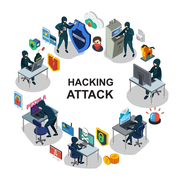 Composición redonda de seguridad isométrica de Internet con piratas informáticos, servidores móviles, computadora, cajero automático, tarjeta de pago, piratería, sirena, escudos de bombas troyanas