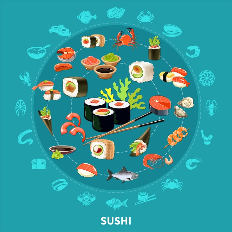 Vector gratuito composición redonda de sushi con conjunto de iconos planos combinados en un gran círculo coloreado e ilustración aislada