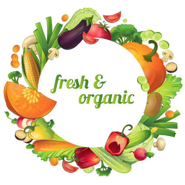 Composición redonda de verduras maduras frescas y orgánicas con círculo de símbolos y texto editable