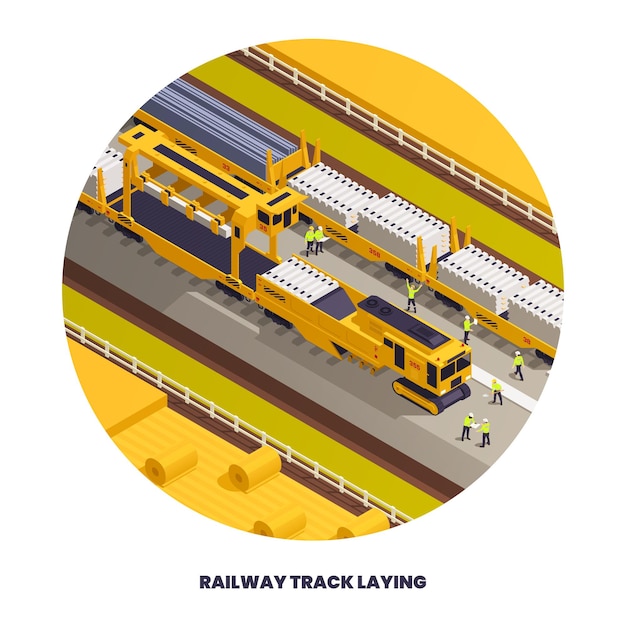 Composición redonda con vías de ferrocarril que colocan vehículos de construcción máquinas de equipos ferroviarios imágenes isométricas e ilustración de vector de texto editable