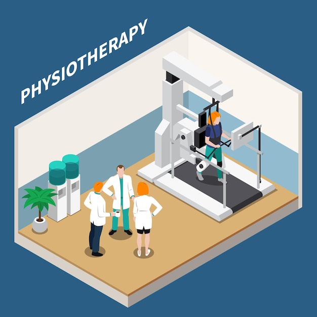 Composición de rehabilitación de fisioterapia con un grupo de médicos y pacientes que hacen ejercicios físicos con ilustración vectorial isométrica 3d de aparatos médicos