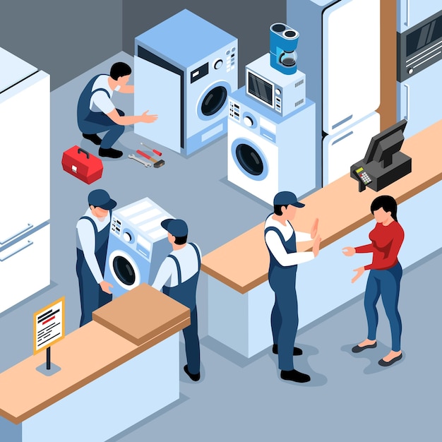 Composición de reparación de servicio de electrodomésticos isométricos con vista de taller de garantía con lavadoras, frigoríficos y personas ilustración vectorial