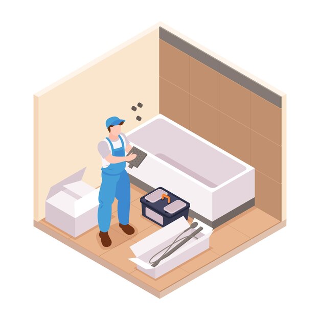 Composición de reparaciones isométricas con vista de baño con carácter de ilustración de vector de reparador