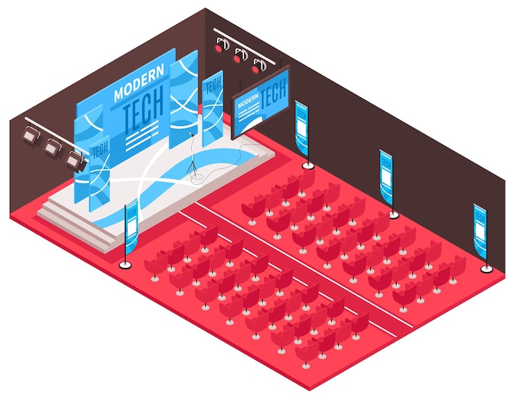 Vector gratuito composición de la sala de conferencias isométrica con vista del lugar de la ceremonia con escenario y pantallas de proyección con ilustración de asientos