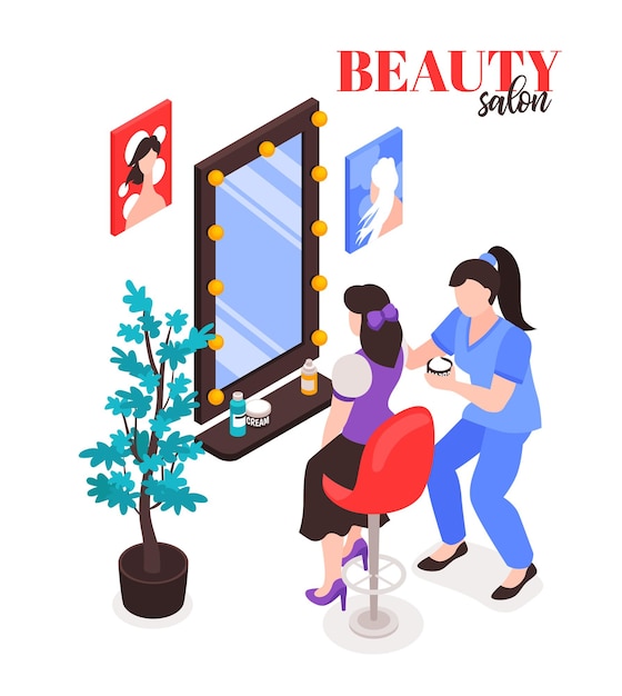 Composición de salón de belleza isométrica con texto y personajes de mujer y maquilladora con espejo