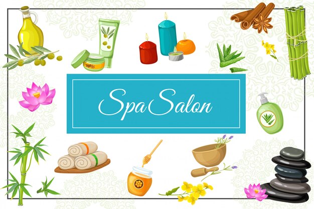 Composición de salón de spa plano con aceite de masaje natural, aloe vera, flores de loto, toallas, piedras de mortero, miel, canela, velas, bambú en el marco