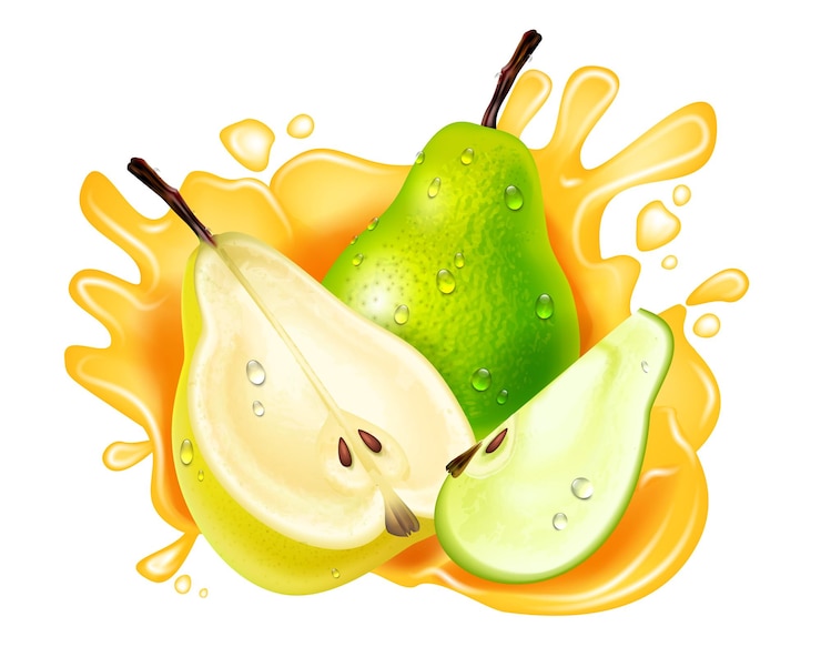 Vector gratuito composición de salpicadura de pera realista tres peras enteras mitad y cuarto y ráfagas de jugo alrededor de la ilustración vectorial