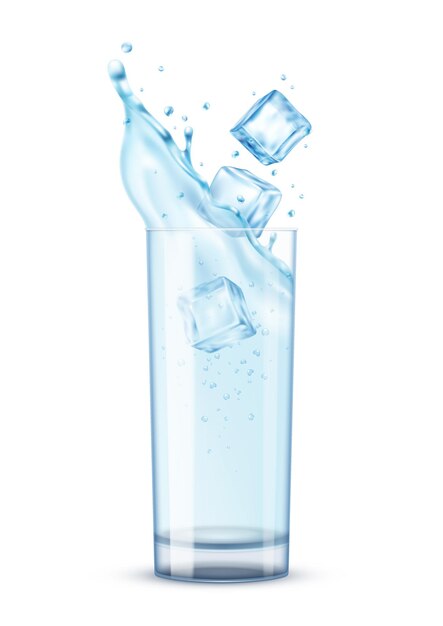 Composición de salpicaduras de agua realista con aislado de vidrio lleno de cubitos de hielo de agua con ilustración de sombra