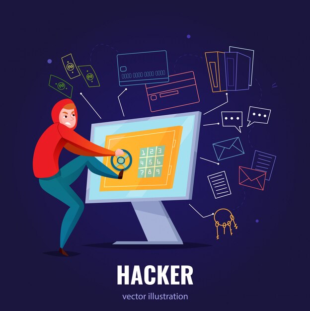 Composición segura de hackers con hombre con capucha piratea la computadora y sube dentro de la ilustración
