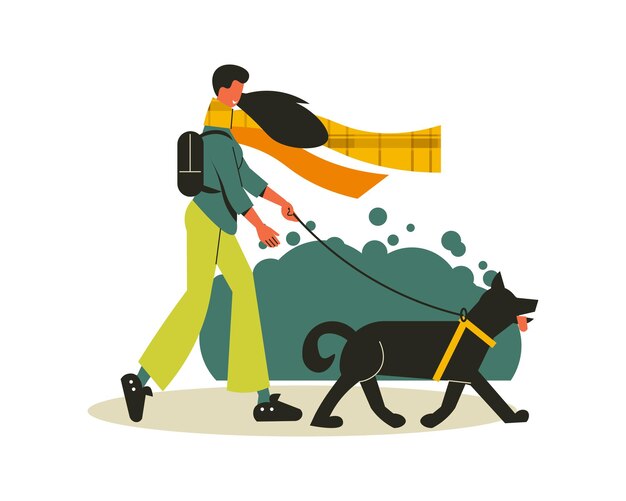 Composición de senderismo con una niña paseando a su perro en la ilustración salvaje
