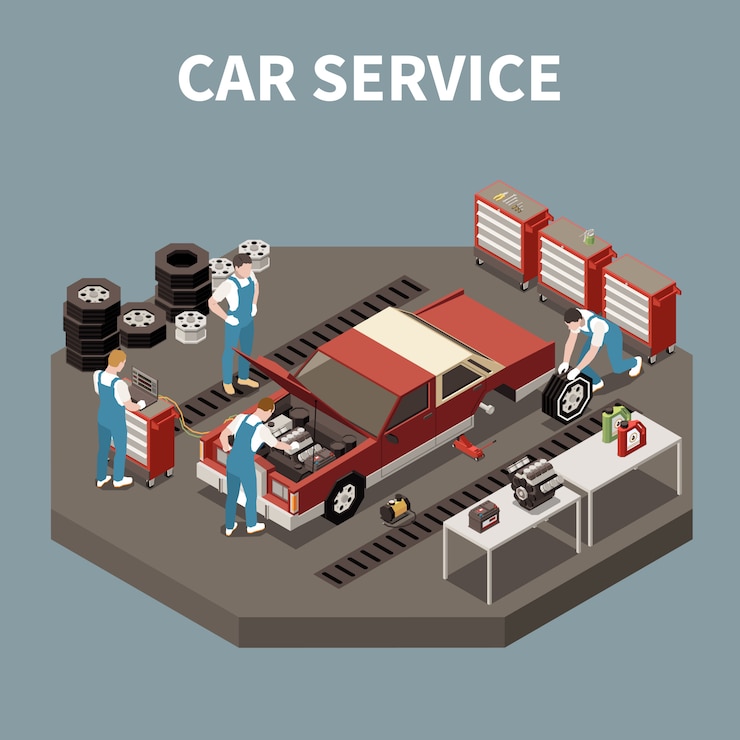 Vector gratuito composición de servicio de automóvil isométrica y aislada con dos trabajadores e ilustración de reparación de automóviles