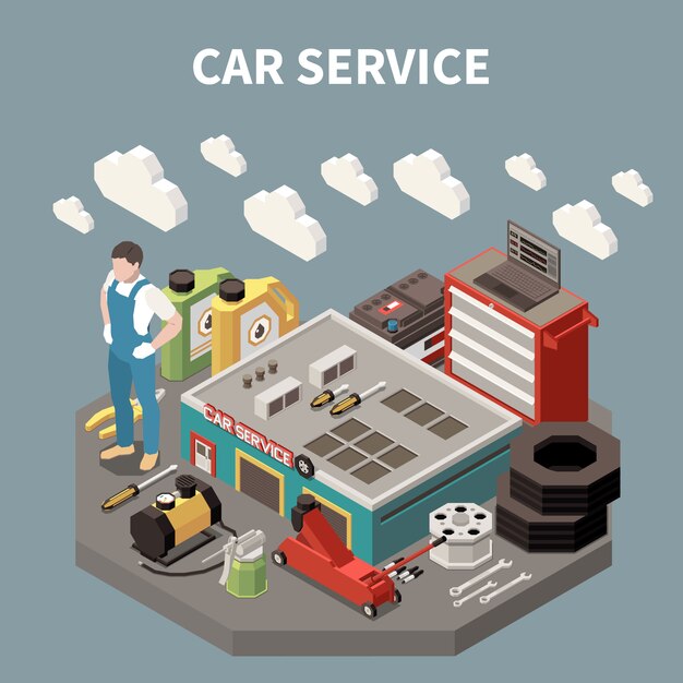Composición de servicio de coche isométrica coloreada con hombre trabajador en la ilustración de herramientas de trabajo y equipo