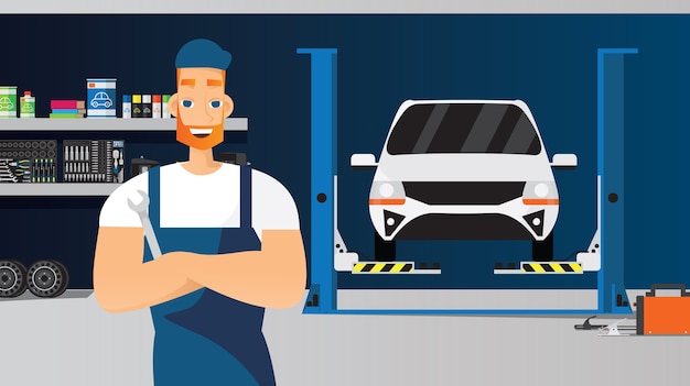 Composición de servicio de coche con joven técnico con llave inglesa