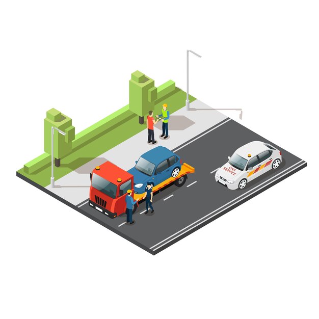 Composición del servicio de evacuación de automóviles isométrica
