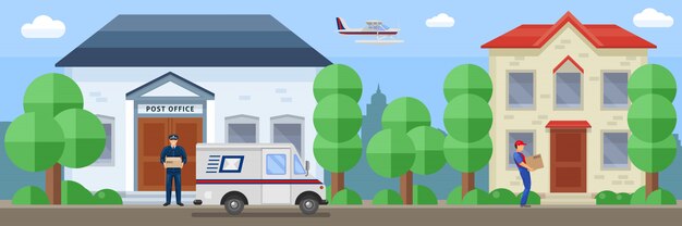 Composición del servicio postal con el empleado cerca de la oficina de correo y entrega del pedido por ilustración de vector de destino