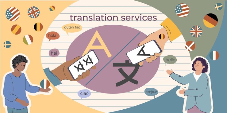 Vector gratuito composición del servicio de traducción con collage de burbujas de pensamiento planas con bolas de campo de texto y personajes humanos ilustración vectorial