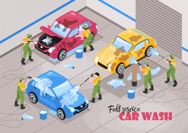Composición de servicios de lavado de coches isométrica con texto editable y caracteres humanos de trabajadores con ilustración de vector de coches