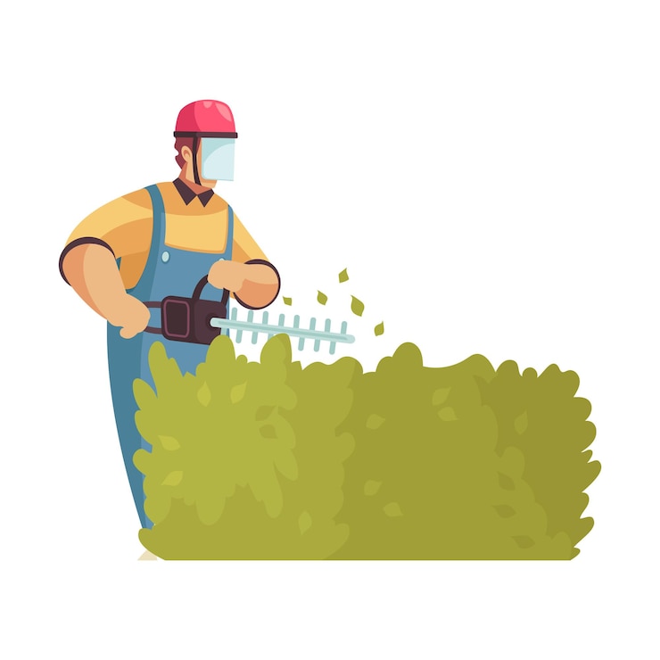 Vector gratuito composición de setos de árboles de arbustos de hierba de jardinero profesional con aparato de volteo operado por jardinero en ilustración de vector de casco