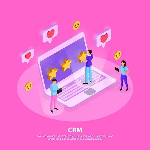Composición del sistema CRM con elementos portátiles de fidelización y calificación de los clientes en isométrica rosa