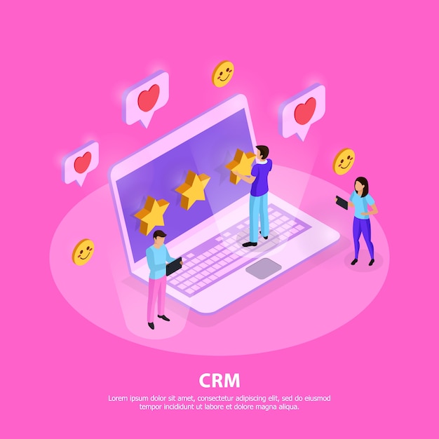 Vector gratuito composición del sistema crm con elementos portátiles de fidelización y calificación de los clientes en isométrica rosa
