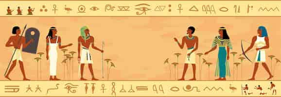 Vector gratuito composición de la sociedad del antiguo egipto con vista horizontal de personajes humanos planos con marco y jeroglíficos escritos ilustración vectorial