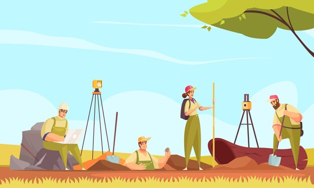 Composición del suelo del geólogo con un grupo de personajes de doodle planos que miden el terreno de excavación en la ilustración de un paisaje salvaje al aire libre