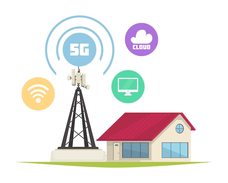 Vector gratuito composición de tecnología de internet 5g con imagen aislada de casa inteligente con torre celular e iconos redondos ilustración vectorial