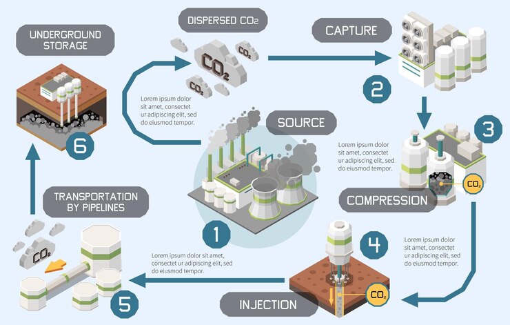 Vector gratuito composición de tecnología de secuestro de almacenamiento de captura de carbono con iconos isométricos de compresión de captura e inyección de ilustración de vector de co2