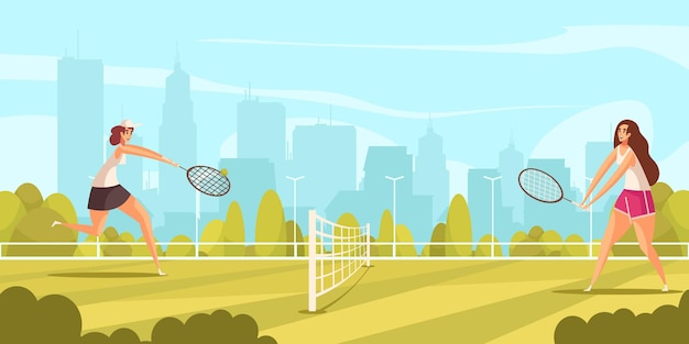 Composición de tenis de deporte de verano con personajes humanos de mujeres involucradas en el juego con ilustración de paisaje urbano