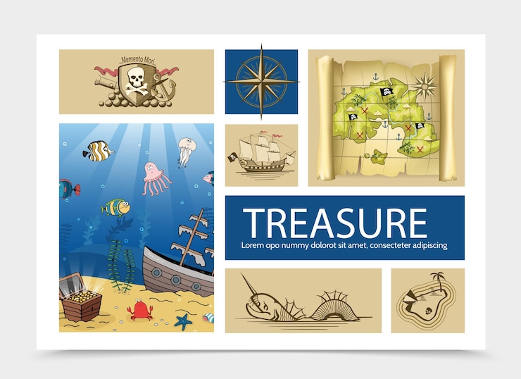 Vector gratuito composición del tesoro dibujada a mano con calavera y tibias cruzadas firmar viejo brújula barco pirata mapa mar monstruo isla cofre en el fondo del mar