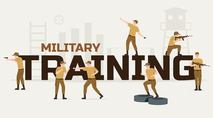 Vector gratuito composición de texto plano de entrenamiento militar con soldados que huyen de disparos de combate en la ilustración de vector de entrenamiento especial
