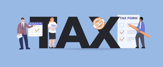 Composición de texto plano de personas de impuestos con personajes humanos de personas inteligentes que sostienen calendarios que hacen marcas de lápiz ilustración vectorial