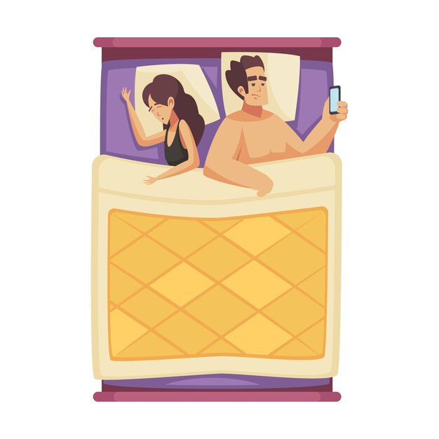 Composición del tiempo de sueño con vista de pareja en la cama con mujer dormida y hombre despierto con ilustración de vector plano de teléfono inteligente