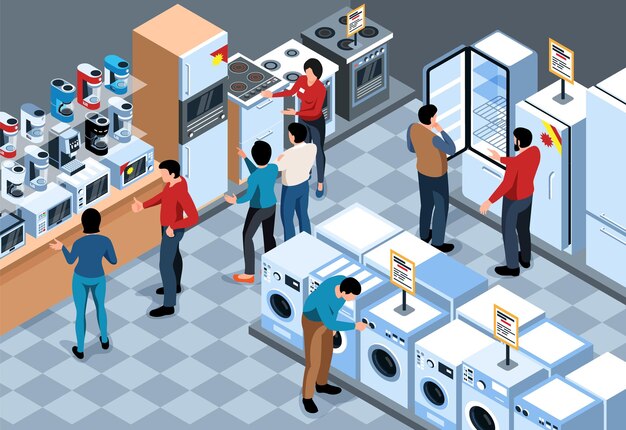 Composición de la tienda de electrodomésticos isométricos con vista interior del supermercado de electrónica de consumo con compradores y asistentes de tienda ilustración vectorial