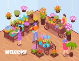 Vector gratuito composición de la tienda de floristas isométrica