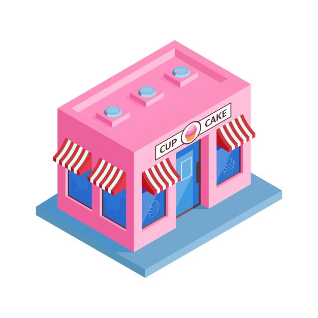 Composición de tiendas isométricas con imagen aislada del edificio de la tienda de confitería en la ilustración de vector de fondo en blanco