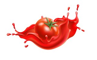 Vector gratuito composición de un tomate sumergido en un líquido rojo que fluye.