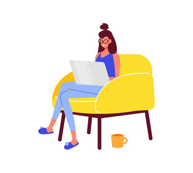 Composición de trabajo de personas independientes con carácter de niña que trabaja en un sillón con computadora portátil