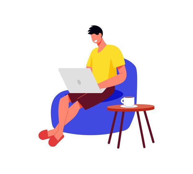 Composición de trabajo de personas independientes con hombre sentado en una silla suave con portátil