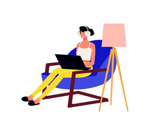 Composición de trabajo de personas independientes con mujer sentada en un sillón con computadora portátil y lámpara