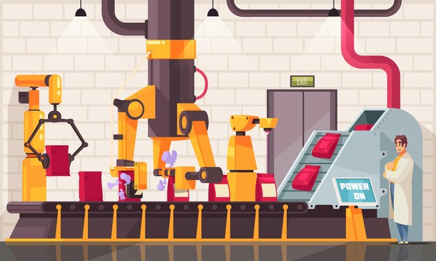 Composición del transportador de embalaje robótico automatizado con vista interior de la instalación de producción industrial y la línea de manipuladores