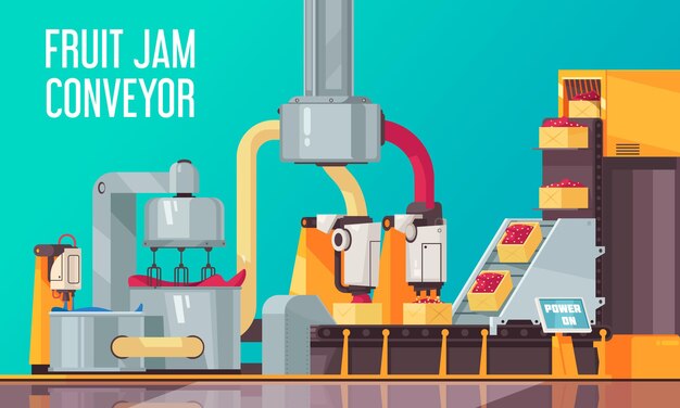 Composición del transportador de frutas robótico automatizado con texto y vista de la línea de la instalación industrial que produce productos de confitería