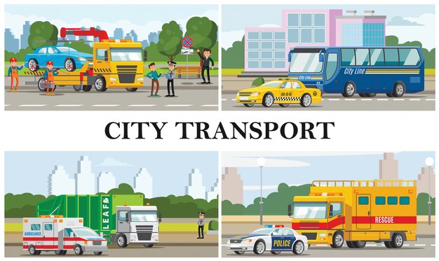 Composición de transporte de ciudad plana con taxi ambulancia coches de policía autobús basura fuego y grúas