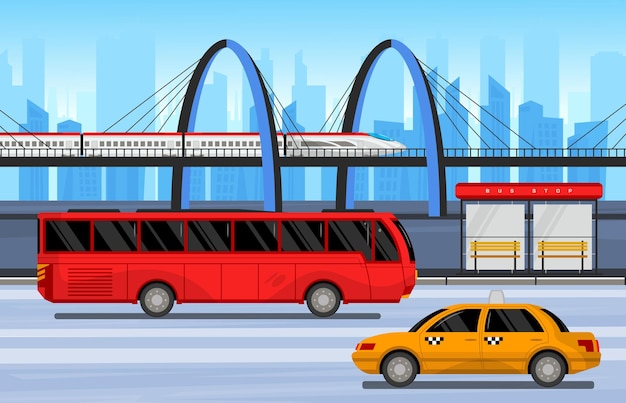 Vector gratuito composición del transporte público, trenes, autobuses y taxis, como de costumbre, circulan por la ilustración de la ciudad.