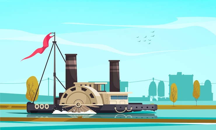 Vector gratuito composición de transporte vintage con paisaje al aire libre paisaje urbano con barco de vapor tipo rueda de paletas flotando río abajo